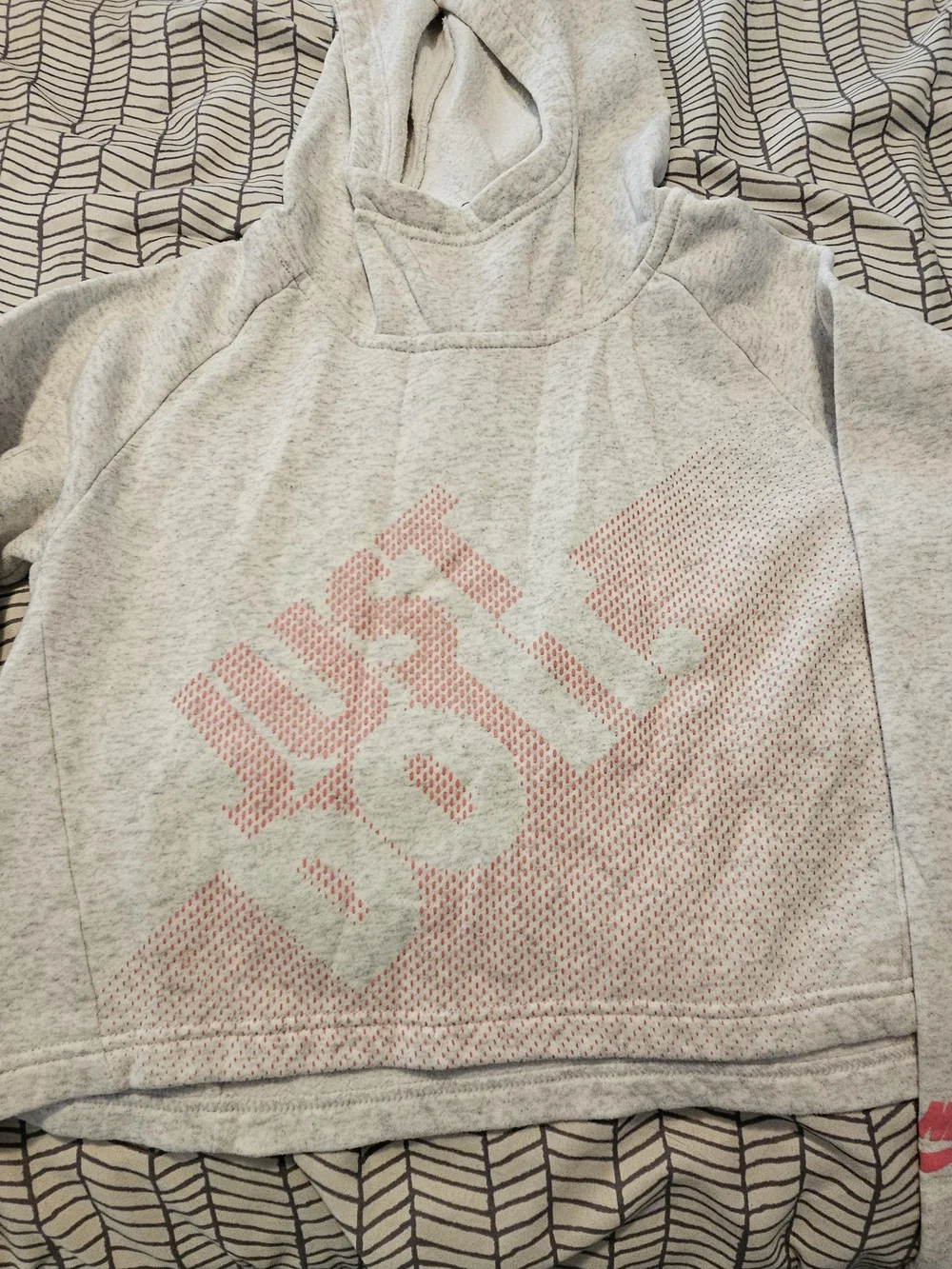 Nike Kid’s Crop Heather Gray Pullover Hoodie with Pink 'Just Do It.' Graphic